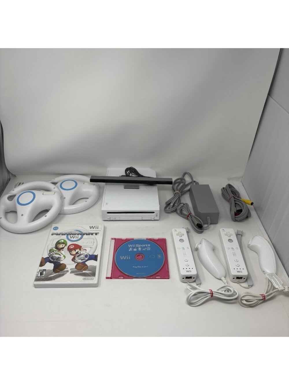 Nintendo Wii Mario Kart Wii Sports Console Bundle w/ 2 Wheels 2 Controllers